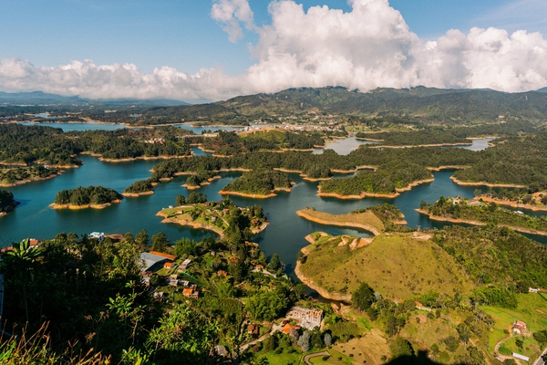 aerial beautiful shot of piedra el penol, guatape antioquia in colombia