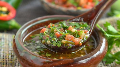 A close-up of a bowl of fresh Colombian ají, a cilantro and chili-based condiment that is added at the table to make Colombian food spicy to your personal taste.