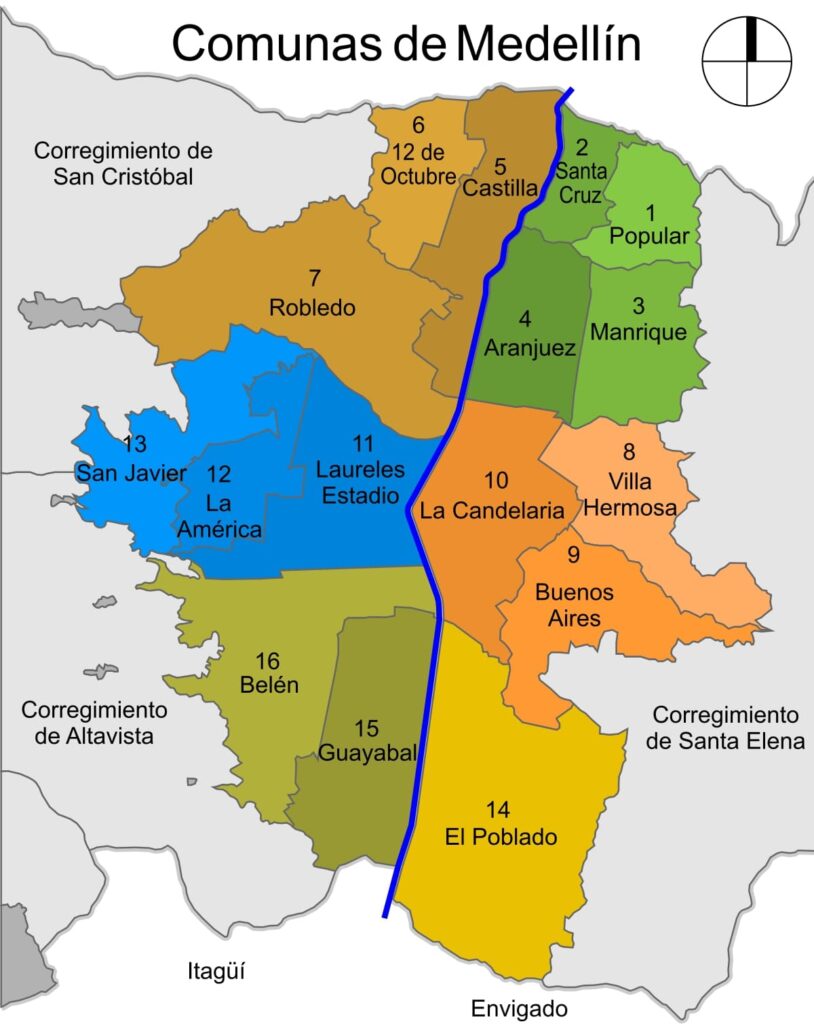 A color-coded medellin neighborhood map illustrating the city's Comunas, including El Poblado and Laureles-Estadio, with their respective numbers and names.