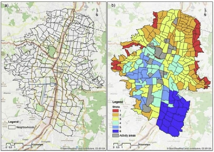 A side-by-side medellin neighborhood map showing general neighborhood boundaries and the socio-economic strata (1 to 6) distribution across the city in distinct colors.