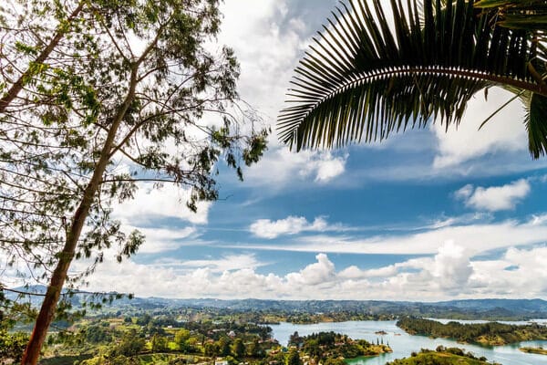A tranquil view of the Guatapé reservoir's many islands, a beautiful sight during a scenic day trip from Medellin.