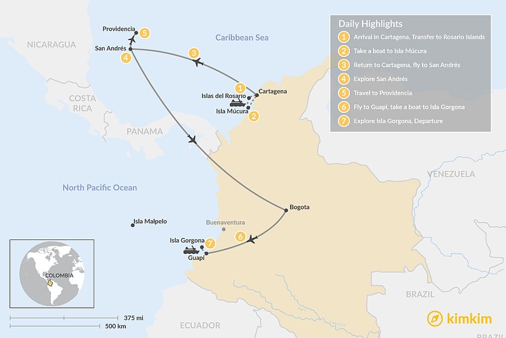 A travel itinerary map showcasing a tour of the Colombian islands. The route connects mainland cities like Cartagena and Bogota with Caribbean islands like San Andrés, Providencia, and the Rosario Islands, and the Pacific's Gorgona Island.