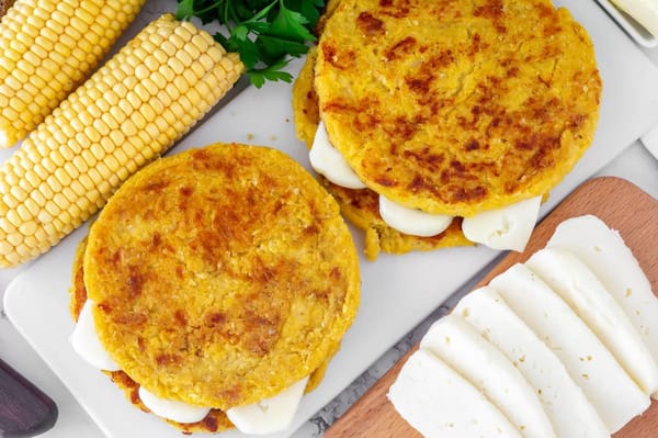 Two golden-brown Arepas de Choclo, a sweet corn pancake that is one of the most beloved Colombian breakfast dishes.