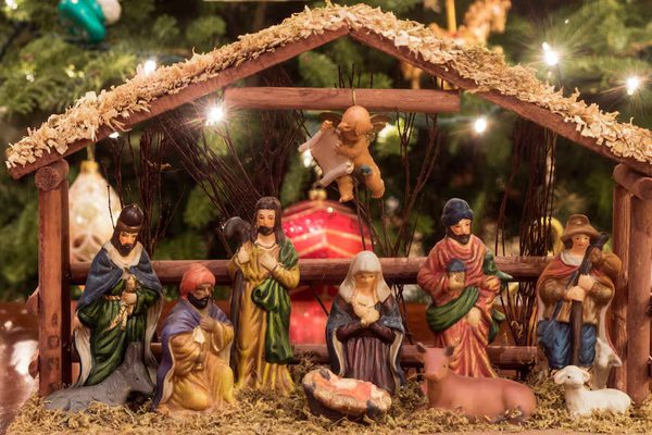 pesebre Traditional Colombian nativity scene (pesebre) with Mary, Joseph and baby Jesus, part of christmas traditions colombia.